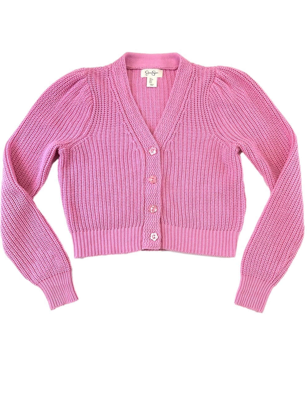 Jessica Simpson Pink Rib Knit V-Neck Cropped Cardigan Flower Buttons Small